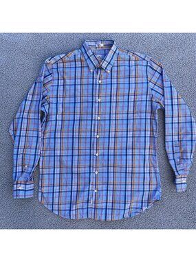 Peter Millar Mens Long Sleeve Button Down Collar 100% Cotton Shirt Large Plaid